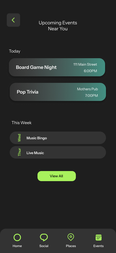 High fidelity app design for Reconnect events page